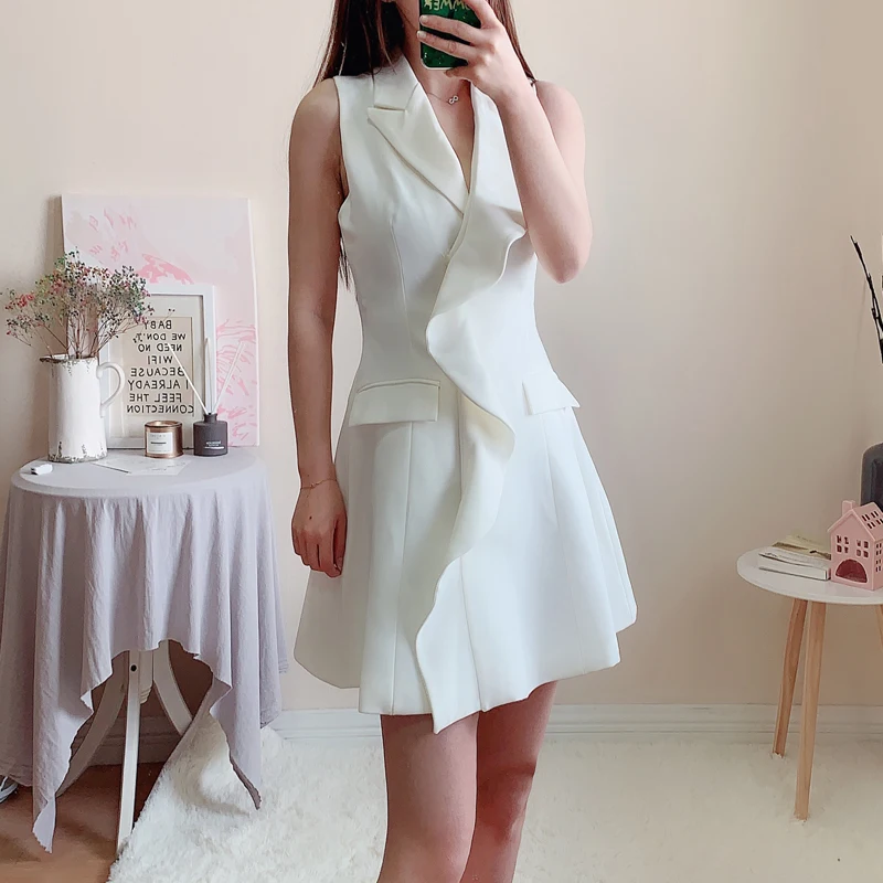 INDRESSME Новинка года V образным вырезом без рукавов Белый манжеты с оборками Зубчатый воротник трапециевидной формы мини платье Белый Вечерние ин