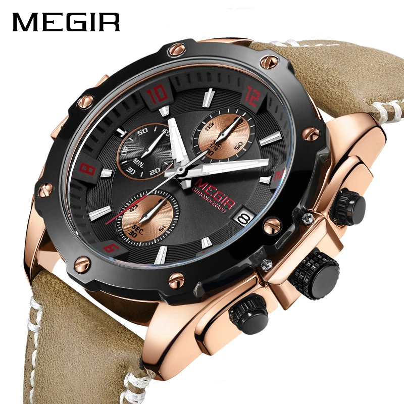 

MEGIR Watch Men Relogio Masculino Fashion Creative Sport Chronograph Quartz Wrist Watches Clock Hour Leather Military Army Watch