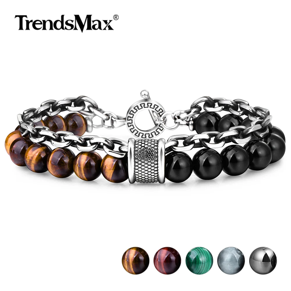10 мм натуральный сорт камень тигровый глаз черный браслет из ониксовых бусин мужские Мальчики нержавеющая сталь Gunmetal Rolo цепи дропшиппинг TBX009