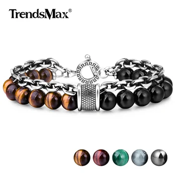 

10MM Natural Grade A Tiger Eye Stone Black Onyx Beads Bracelet Mens Boys Stainless Steel Gunmetal Rolo Chain Dropshipping TBX009