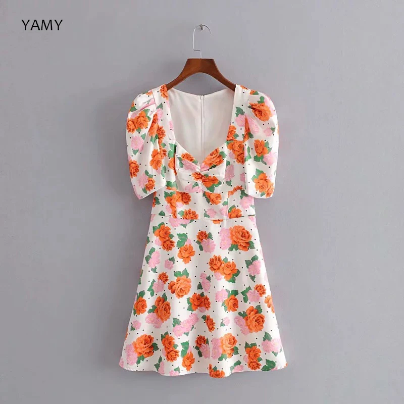 

Short sleeve womens floral Dress high waist sexy Womens Mini Dress elegant satin party dress vestidos vintage flower Dress 2019