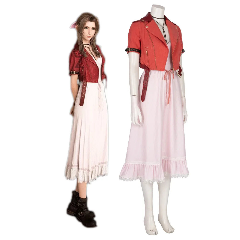 

Hot Game Girls Aerith Cosplay Costume Final Fantasy VII Cosplay Pink Grid Dress Woman Elegant Dress Set