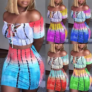 

Women Two Piece Set Bodycon Bandage Off Shoulder Crop Top + High Waist Skirt Party Club Wear Set