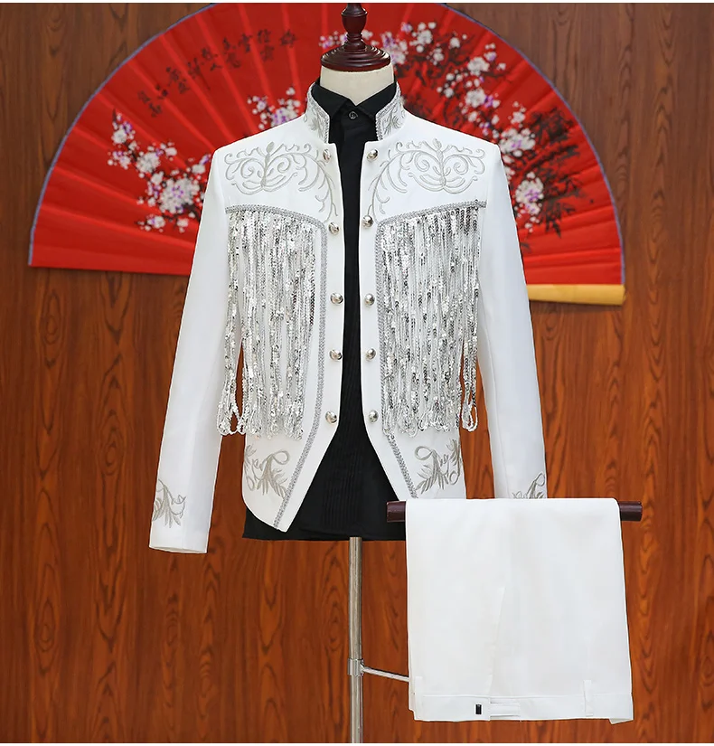 

Black Or White Embroidered Jacket Pants Set Sequins Tassel Design Clothes Male Singer Costume Wedding Slim Jacket Blazer For Men