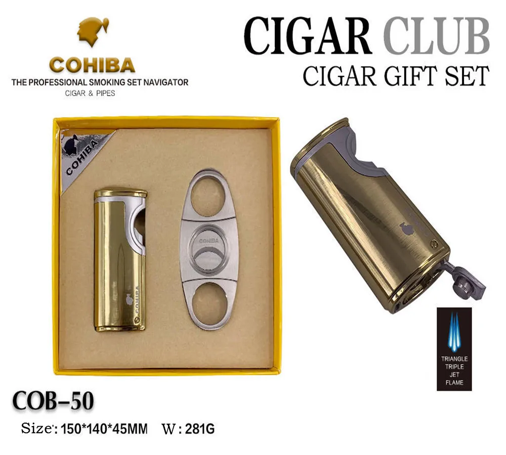 COHIBA сигара USB Зажигалка резак инструменты отверстие открывалка сигарета Металл многоразового бутан газ 3 фонарь Jet пламя удар подарочная коробка - Цвет: 1