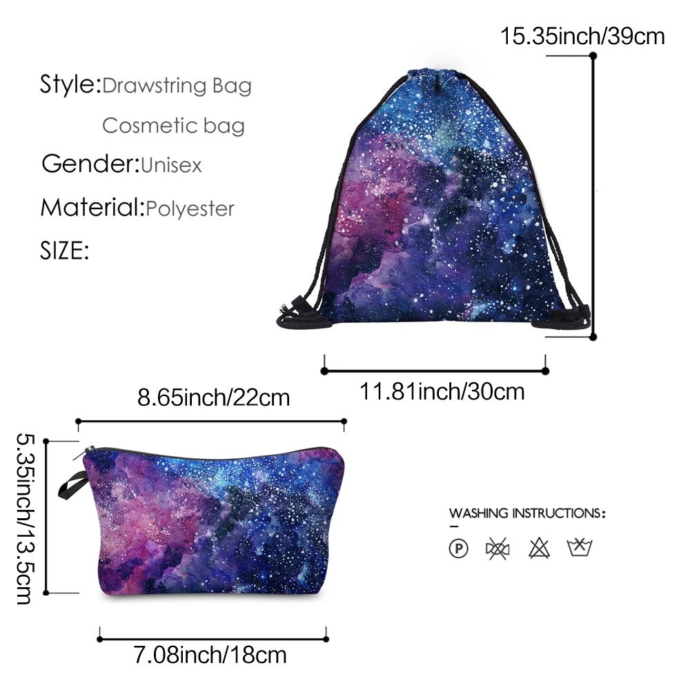 FCCEXIO New 2PCS Drawstring Bags 3D Printed Starry Sky Fashion Schoolbags Travel Bag School Backpack Street Shoulder Bags