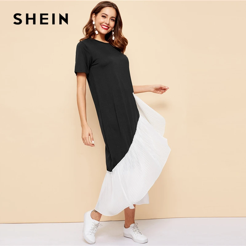 SHEIN Черное и белое Плиссированное длинное летнее скромное платье, женское весенне-летнее платье свободного кроя с цветными блоками