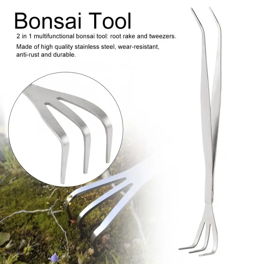 2-in-1 Stainless Steel Root Rake Bonsai Tweezers Soil Farming Tool with Ergonomical Handle Bonsai Root Rake