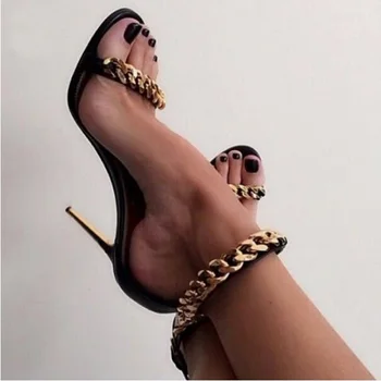 

Luxury Gold Chain Decor Women Sandals High Stiletto Heels Ladies Shoes and Sandals Black Suede Banquet Gladiator Sandals Shoes