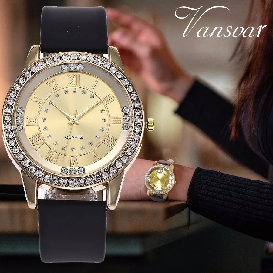 

Dropshipping Women Rhinestone Watch Fashion Leather Strap Rose Gold & Silver Dress Wristwatches Gift Clock Relogio Feminino