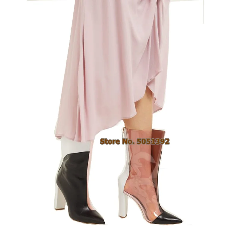 

Women Transparent PVC Stiching PU Leather Crystal Clear Pointed Toe Mid-calf Boots Fashion Sexy Mixed- Colors Party Booties
