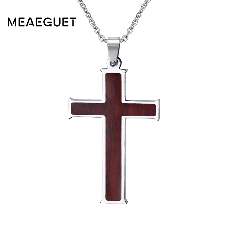 Meaeguet деревянная инкрустация христианский крест кулон из нержавеющей стали цепочка Ожерелье для мужчин бутик распятье религиозное ожерелье s