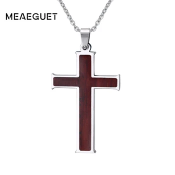 

Meaeguet Wood Inlay Christian Cross Pendant Stainless Steel Chain Necklace Men Boutique Crucifix Religious Necklaces