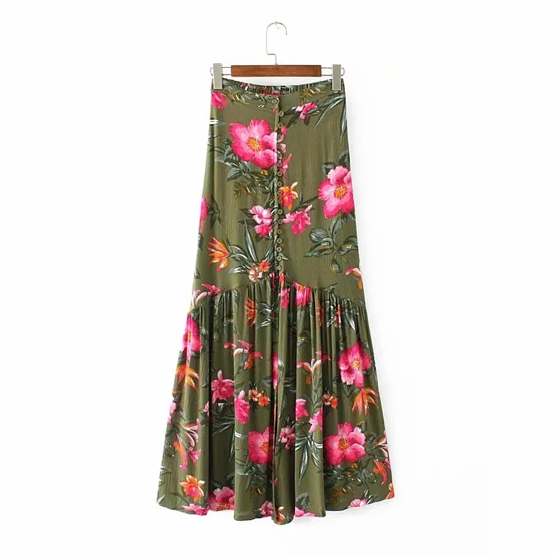 

2019 Summer Floral Print Ruffle Bohemian Skirts Women Vintage High Waist Split Long Skirt Ruffles Beach Party A-Line Skirt