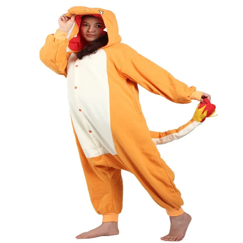 Pаспродажа Зимние пижамы с длинным рукавом Charmander Onesie взрослых Забавный мультфильм Косплэй животного соответствующие спальный Комбинезоны для малыше...