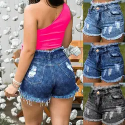 Летние Шорты женские рваные джинсовые шорты с высокой талией бахромой короткие Feminino