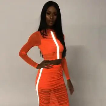

BKLD Women Sets 2019 Summer New Neon Orange Two Piece Outfits Sexy Crop Top And Skirt Sets Fishnet Reflective Two Piece Set