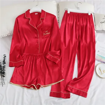 

Red Satin Lounge 3PCS Pajamas Suit Sleepwear Sexy Women Long Sleeve Home Clothes Nightdress Novelty With Pocket Sleep Set