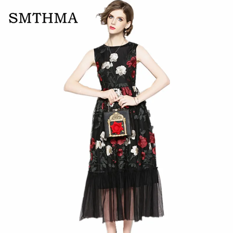 

SMTHMA HIGH QUALITY Fashion 2019 Designer Runway Maxi Dress Women's Sleeveles Stunning Embroidery Gauze Tank Chic Long Dress