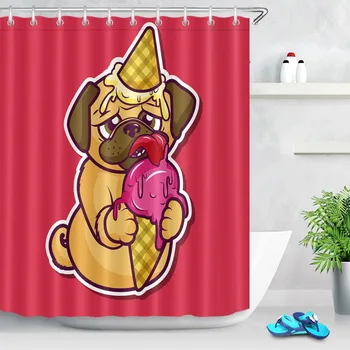 

LB Funny Pug And Ice Cream Cone Shower Curtain Dog Animal Bathroom Extra Long Waterproof Polyester Fabric For Kids Bathtub Decor