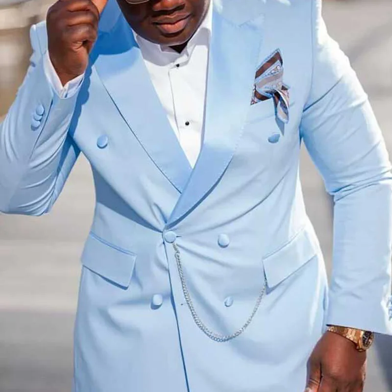 Light Blue Slim Fit Men Suits with Double Breasted Peaked Lapel Groom Tuxedos for Wedding Prom 2 Piece Male Fashion Jacket Pant