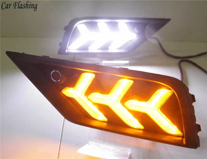Автомобильный мигающий 1 комплект, Автомобильный светодиодный светильник дневного света для Volkswagen VW Tiguan DRL с желтым поворотом, функцией ночного синего цвета