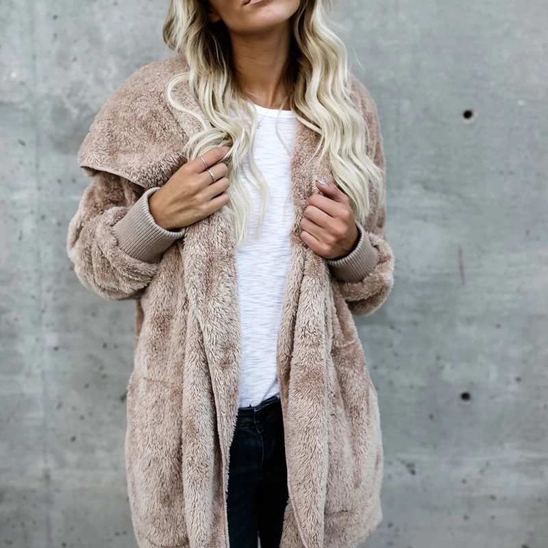 

New Women Winter Warm Long Hooded Coat Thickened Loose with Pockets Slim Fit Faux Fur Jacket Outerwear