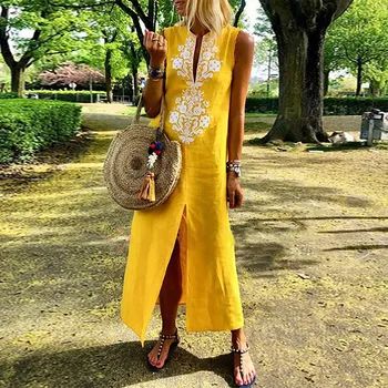 

Women Dress Boho Women's Printed Sleeveless O-neck Maxi Dress Split Hem Baggy Kaftan Long Dress 35#