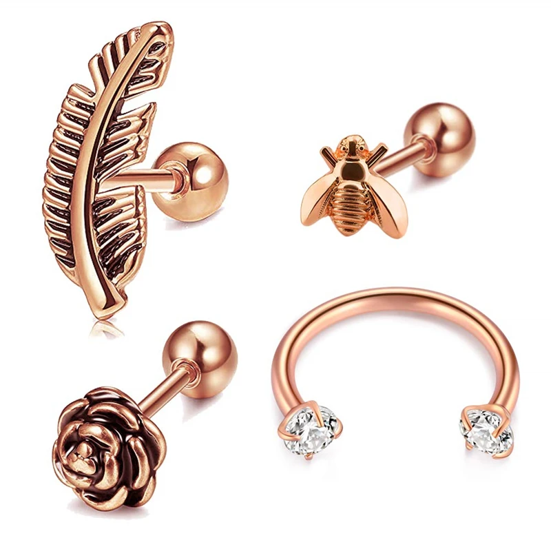 

Cartilage Helix Stud Tragus Earrings-16G Stainless Steel Horseshoe Barbell Forward Helix Tragus Studs Rose Flower Bee Feather