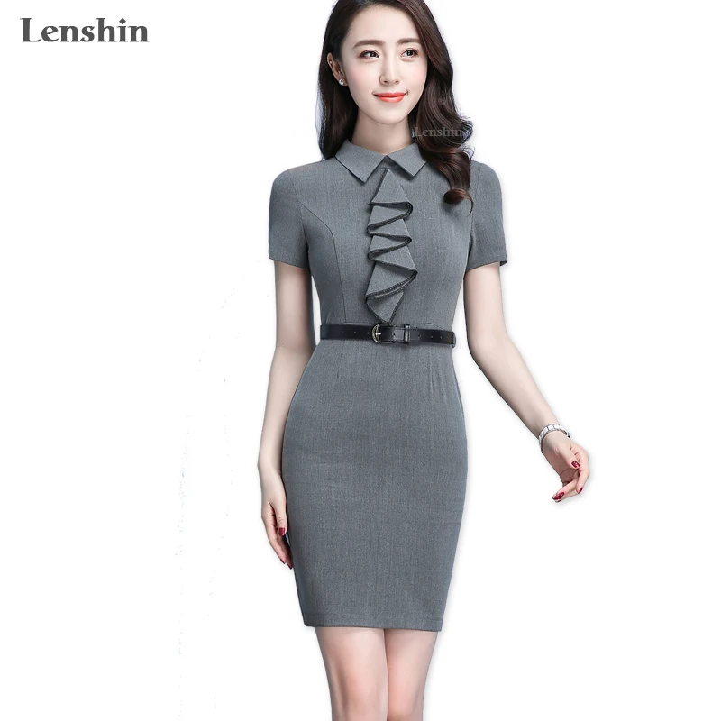 Lenshin Fashion Summer Ruffles Dress Women's Elegant Short Sleeve Dark