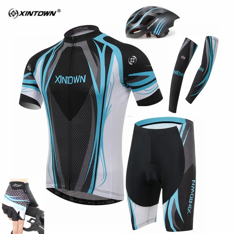 

XINTOWN New Men's Short Sleeve Jersey Helmet Gloves Cuff Cycling Clothes Suit Sports Clothing Wear Riding Jersey Set Underwear