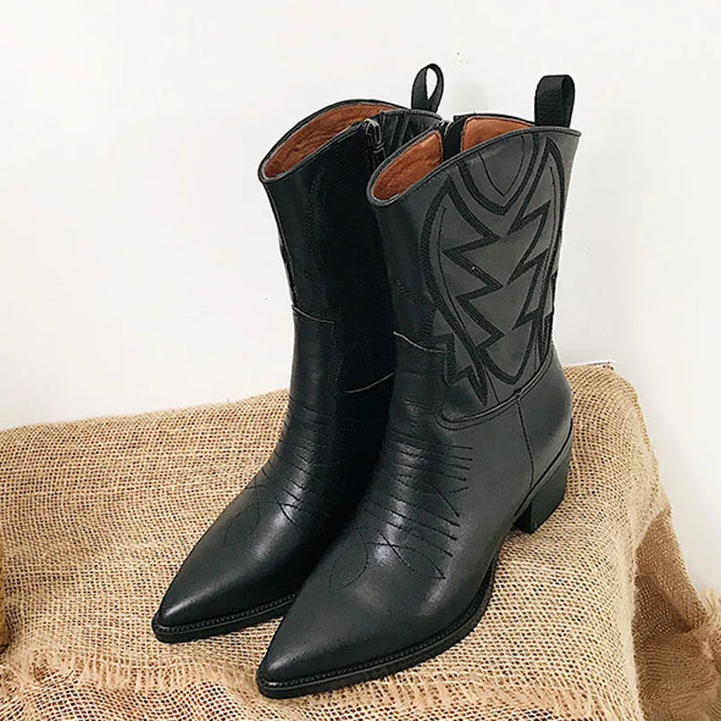 Negro Martin Tacón 2018 Tobillo Cuero Black Botas Punta Estrecha Alto Moda Bordado Leather Mujer Verdadero qfWHnTZa