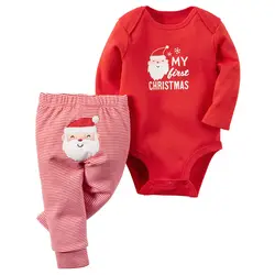 Унисекс Одежда для новорожденных Bebe первое Рождество боди + Санта Клаус печати полосатые брюки 2 шт. комплект для малышей Одежда для малыша