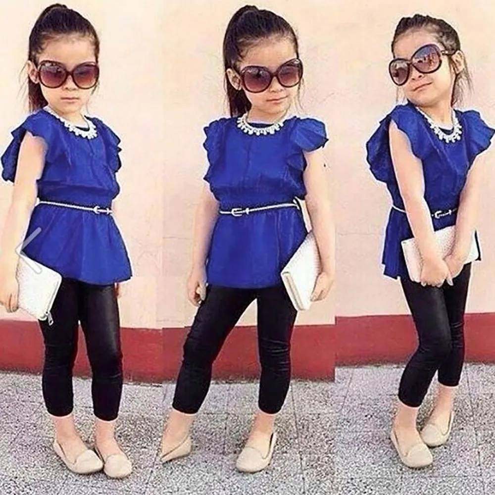 

2PC Children Kid Infant Solid Ruffles Tops+Leather Pants Clothes Outfit Set children clothing