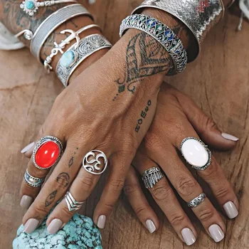 

7 Pcs/Set Antique Silver Bohemian Midi Ring Set Vintage Steampunk Anillos Knuckle Rings For Women Boho Jewelry Red Big Stone