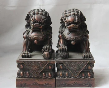 

China Palace Red Copper Bronze Guardian Door Foo Dog Lion Son Ball Statue Pair