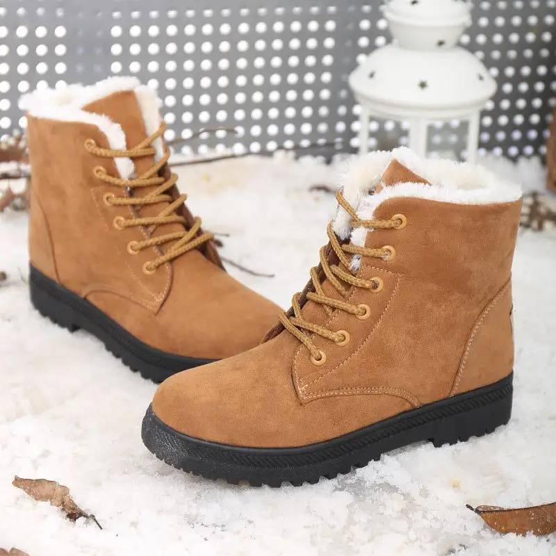 Women Flat Ankle Boots Snow Motorcycle Boots Lady Suede Leather Lace-Up Booties