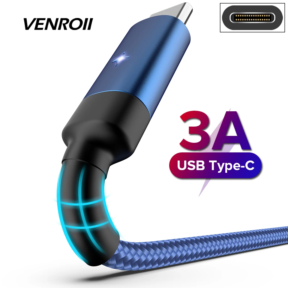 Venroii Тип usb C кабель для Xiaomi Redmi Note 7 mi 9 смартфон быстрой зарядки usbc samsung Galaxy S9 Oneplus 6