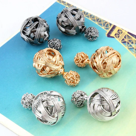 Hot Selling Two Balls Stud Earrings Gold Silver Double Sides Knitting Pearl Balls Earring