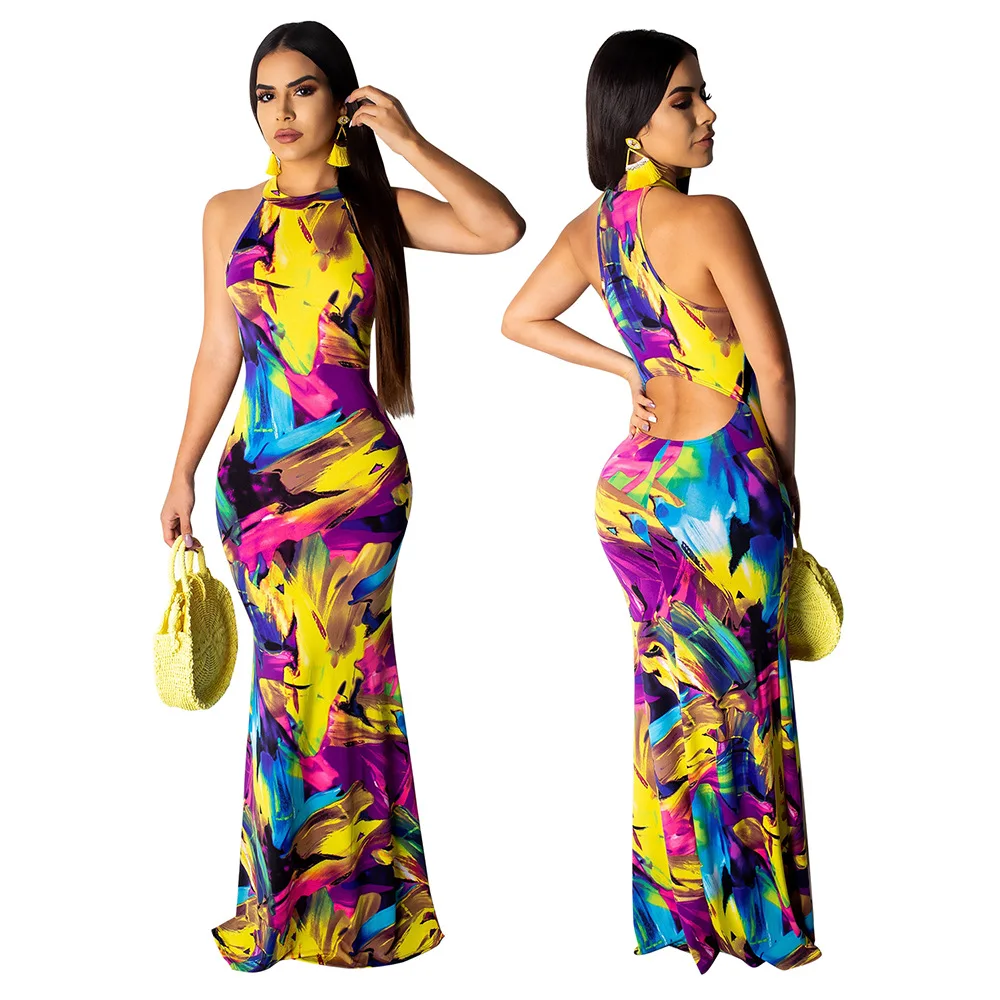 

Sexy Women Robe Summer 2019 Sleeveless Fashion Printed Boho Dress Back Hollow Out Slim Maxi Dress Thin Summer Party Dress Long