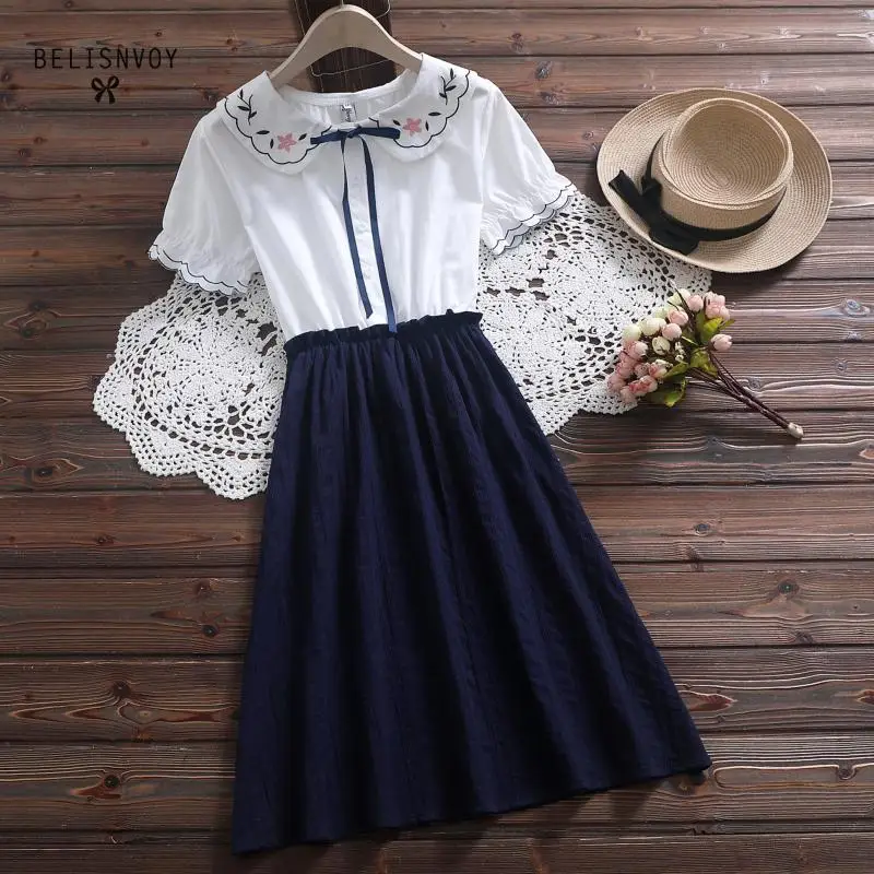 

Japanese Preppy Style Summer Vestido De Verano Contrast Color Bow 3colour Sweet Dress Cute Mini Robe Femme Short Sleeve Dress