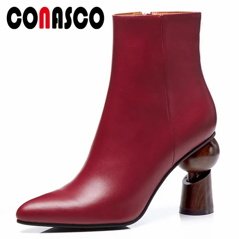 

CONASCO 2019 Women Ankle Boots Strange Heels Zipper Martin Shoes Woman Genuine Leather Pointed Toe Office Pumps Short Basic Boot