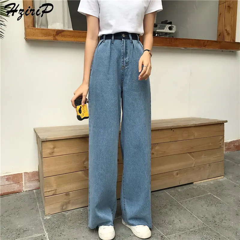 

HziriP Korea 2019 Spring Summer High Waist Denim Women Loose Fashion Sweet Wild Vintage New Blue Woman Casual Full Pant Size S-L
