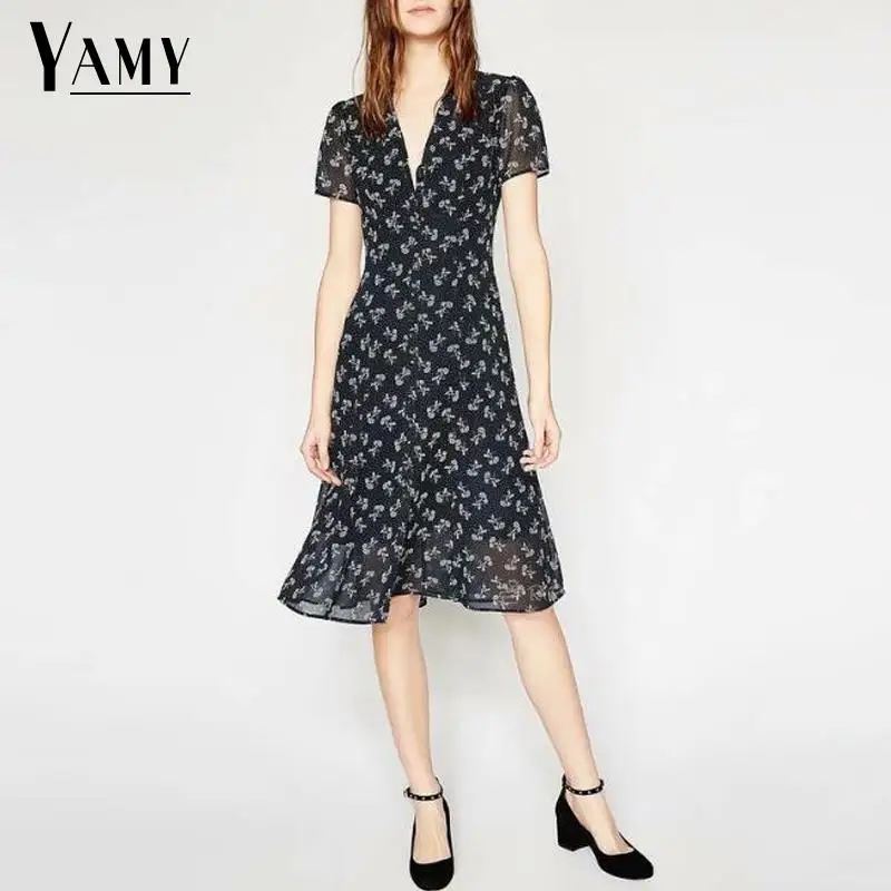 

robe femme ete 2018 short sleeve floral summer dress women v-neck button chiffon dresses casual korean fashion clothes