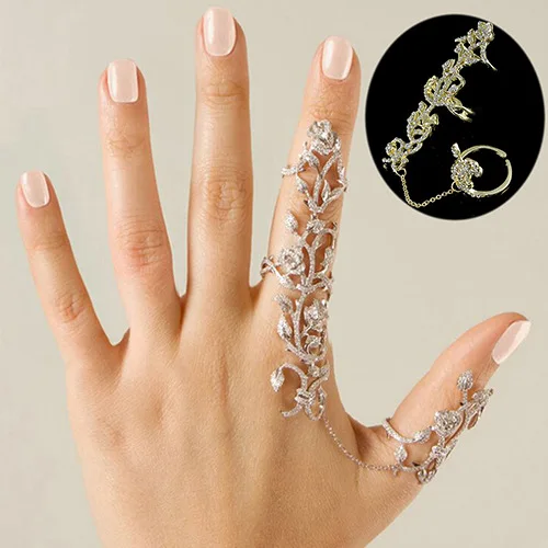 New Fashion Accessories Chain Link Full Rhinestone Vintage Flower Double Finger Ring For Women Girl Nice Gift Party Jewelry