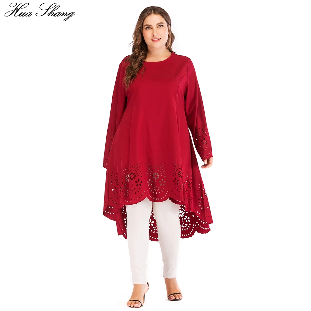

Red Long Blouse Shirt Women Autumn Winter Long Sleeve Irregular Tops Elegant Hollow Out Floral Loose Plus Size Ladies Tunic Tops