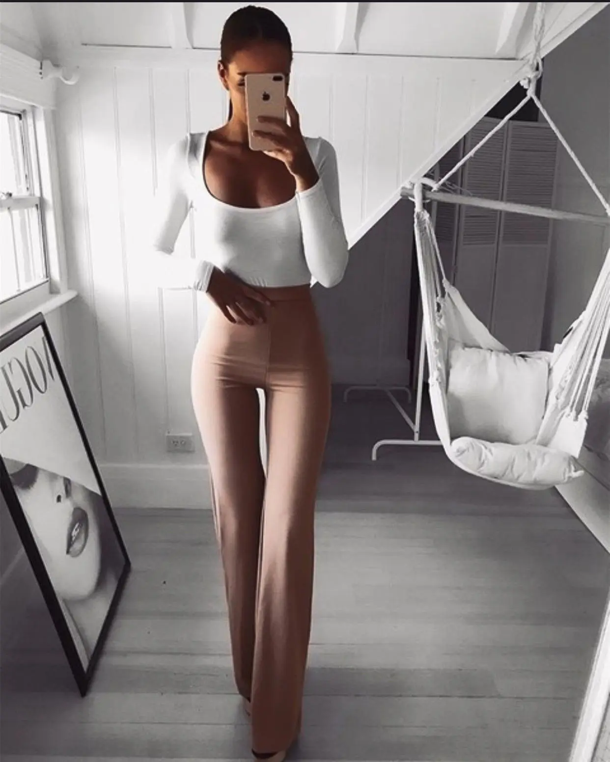 Hot Women Plain Palazzo Wide Leg High Waist Office Lady Skinny Solid Casual Flared Trousers Long Loose OL Work Pants - Цвет: Хаки