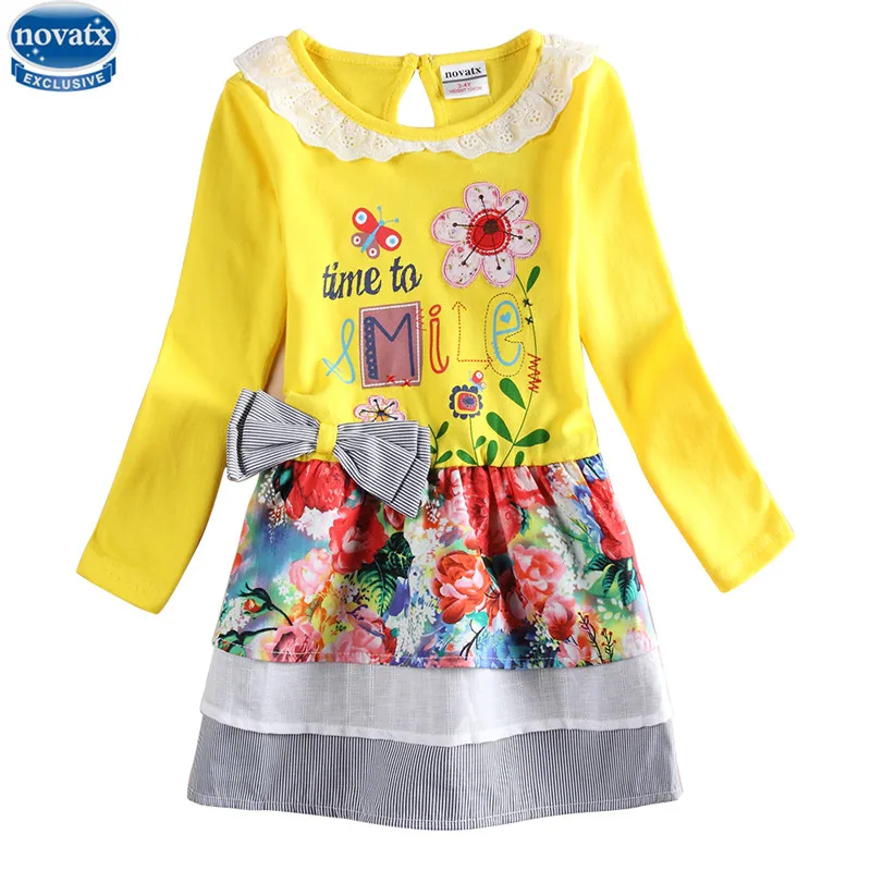 novatx H6641 Dresses girls wear kids long sleeve embroidery flower patten high quality bow dresses girls