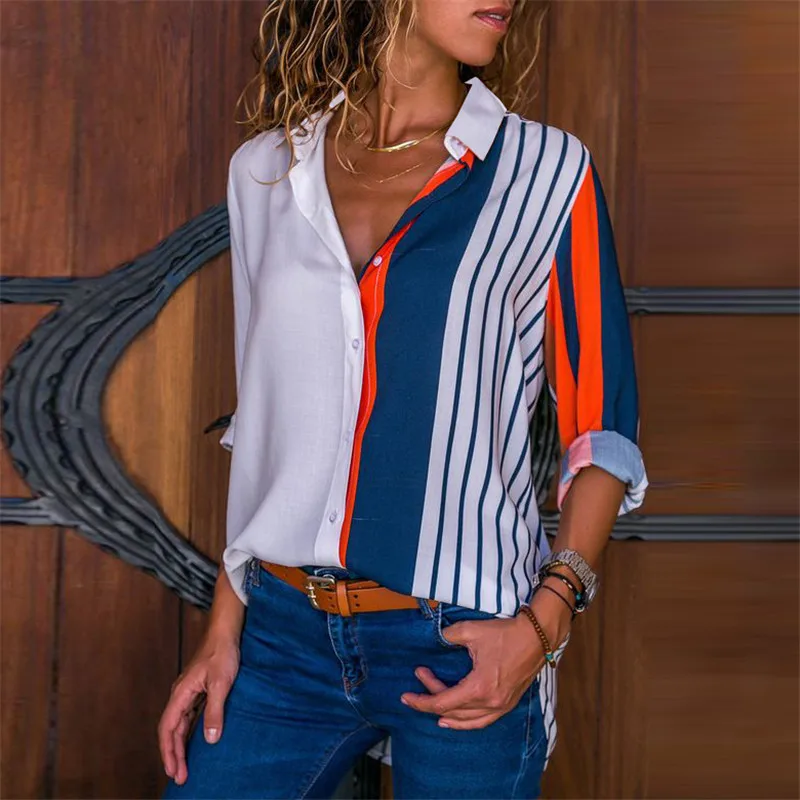 Femmes Blouses Chic rayé impression bureau chemise 2019 mode à manches longues en mousseline de soie Blouse décontracté dames grande taille femmes chemises