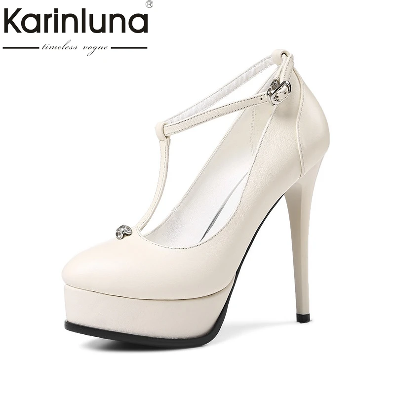 Karinluna 2018 Spring Autumn Women Genuine Leather T-strap Pumps Platform Super High Thin Heels Shoes Woman Black Size 34-38
